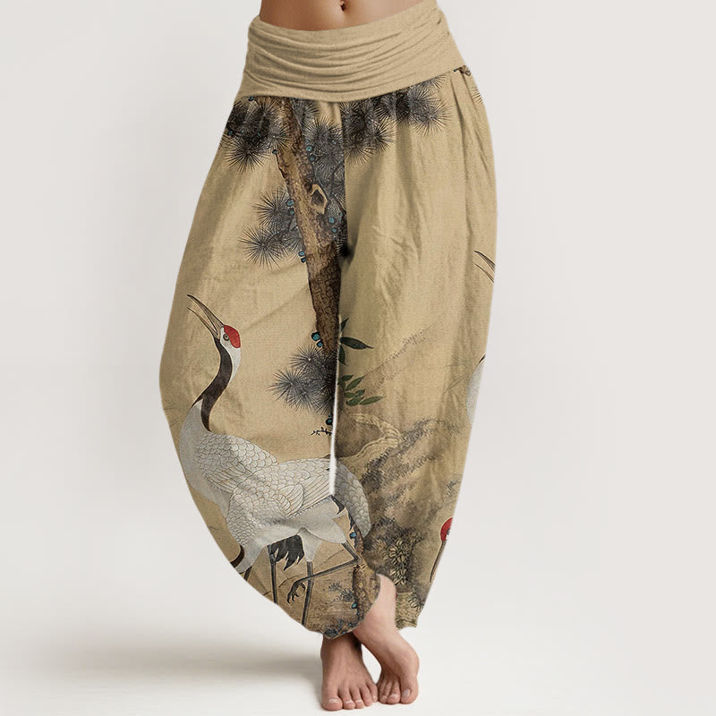 Pantalones harén con cintura elástica para mujer, estilo casual, con diseño de grulla de corona roja y pino en la montaña, con piedras de Buddha Stones - Trigo - US22,UK/AU26,EU54 (6XL) - image 1