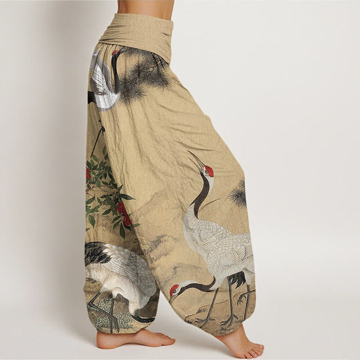 Pantalones harén con cintura elástica para mujer, estilo casual, con diseño de grulla de corona roja y pino en la montaña, con piedras de Buddha Stones - image 2