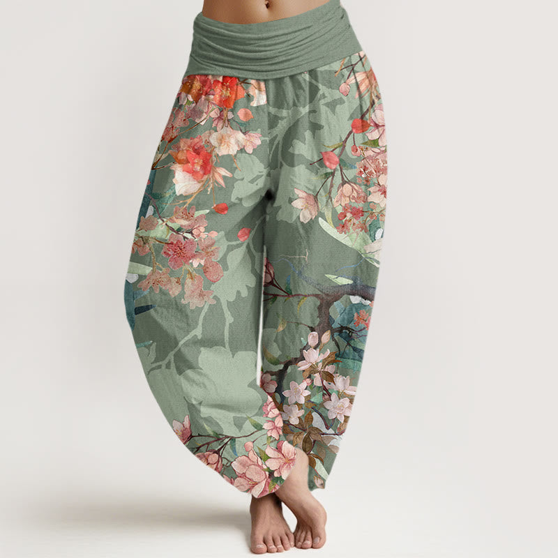 Pantalones harén con cintura elástica para mujer , con Buddha Stones, flores florecientes rojas y rosas, ramas exuberantes - Verde mar oscuro - US22,UK/AU26,EU54 (6XL) - image 1