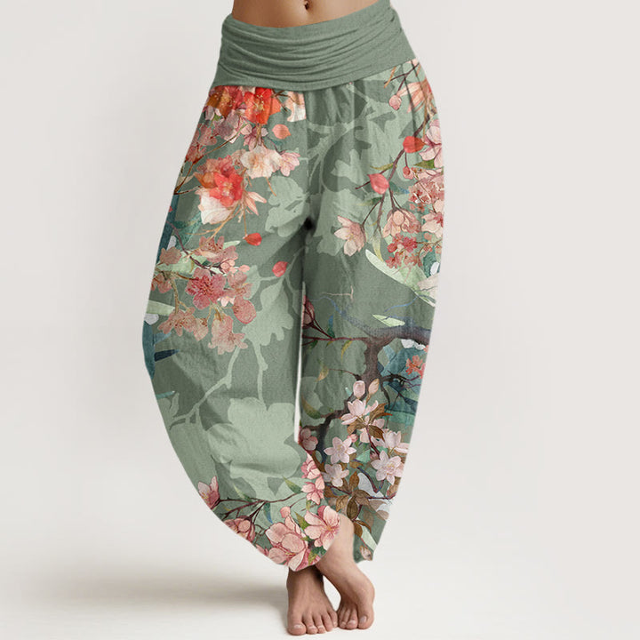 Pantalones harén con cintura elástica para mujer , con Buddha Stones, flores florecientes rojas y rosas, ramas exuberantes - Verde mar oscuro - US22,UK/AU26,EU54 (6XL) - image 1