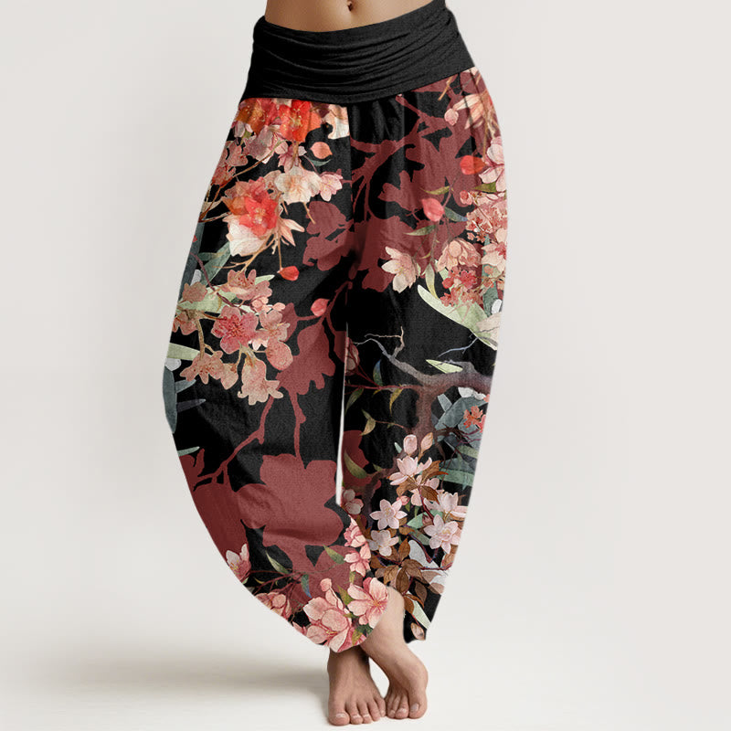 Pantalones harén con cintura elástica para mujer , con Buddha Stones, flores florecientes rojas y rosas, ramas exuberantes - Negro - US22,UK/AU26,EU54 (6XL) - image 5