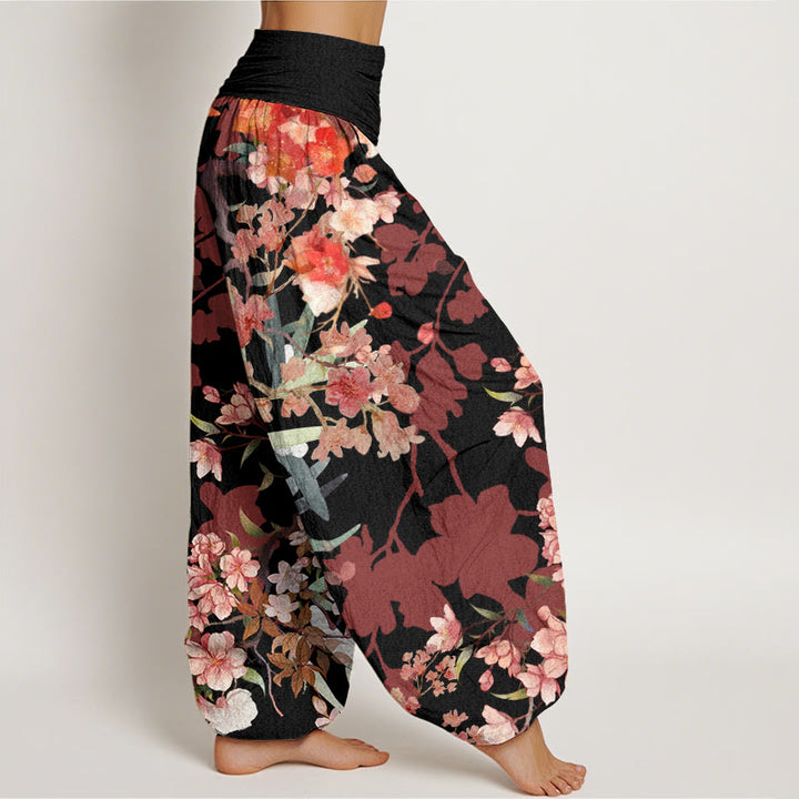 Pantalones harén con cintura elástica para mujer , con Buddha Stones, flores florecientes rojas y rosas, ramas exuberantes - image 6