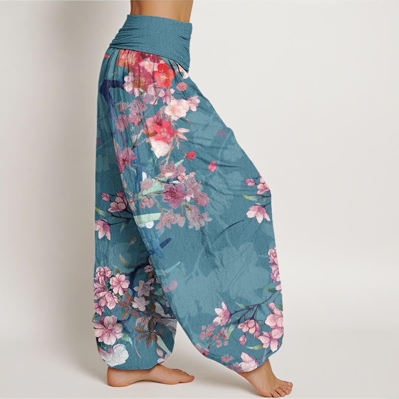 Pantalones harén con cintura elástica para mujer , con Buddha Stones, flores florecientes rojas y rosas, ramas exuberantes - image 9