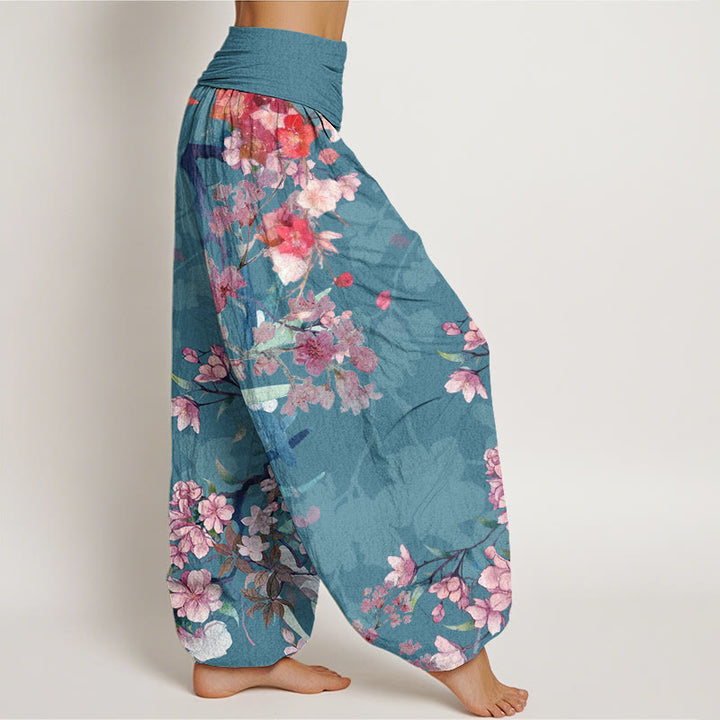 Pantalones harén con cintura elástica para mujer , con Buddha Stones, flores florecientes rojas y rosas, ramas exuberantes - image 9