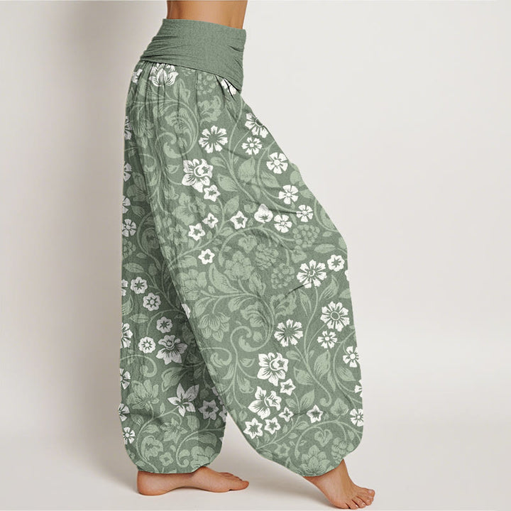Pantalones harén de cintura elástica para mujer con ramas entrelazadas y pequeñas flores y Buddha Stones - image 2