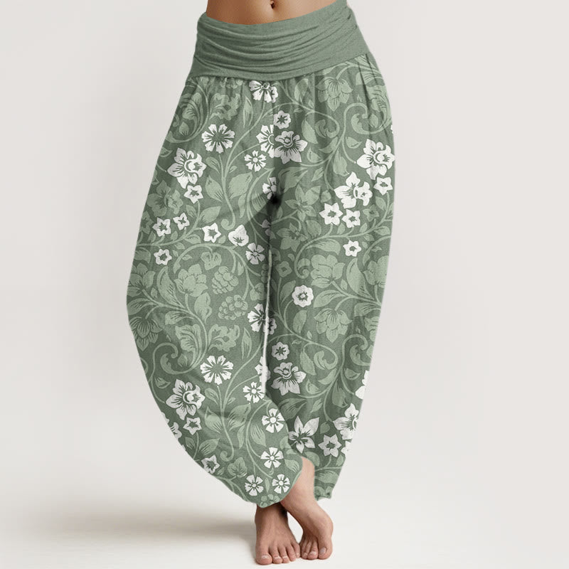 Pantalones harén de cintura elástica para mujer con ramas entrelazadas y pequeñas flores y Buddha Stones - Verde mar oscuro - US22,UK/AU26,EU54 (6XL) - image 1
