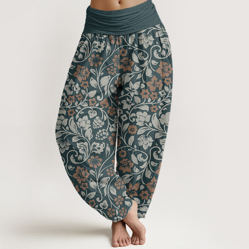 Pantalones harén de cintura elástica para mujer con ramas entrelazadas y pequeñas flores y Buddha Stones - Verde azulado - US22,UK/AU26,EU54 (6XL) - image 5
