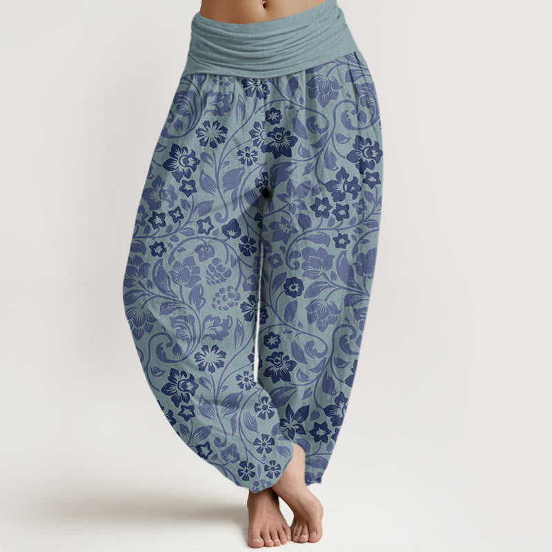 Pantalones harén de cintura elástica para mujer con ramas entrelazadas y pequeñas flores y Buddha Stones - Azul acero - US22,UK/AU26,EU54 (6XL) - image 8