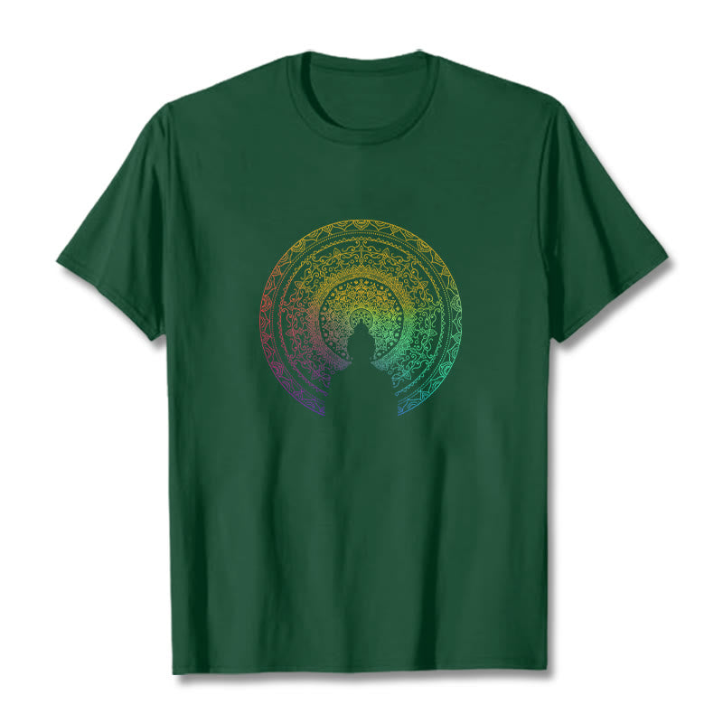 Camiseta de algodón con diseño de mandala con degradado colorido y Buddha Stones - Verde bosque - 2XL - image 6