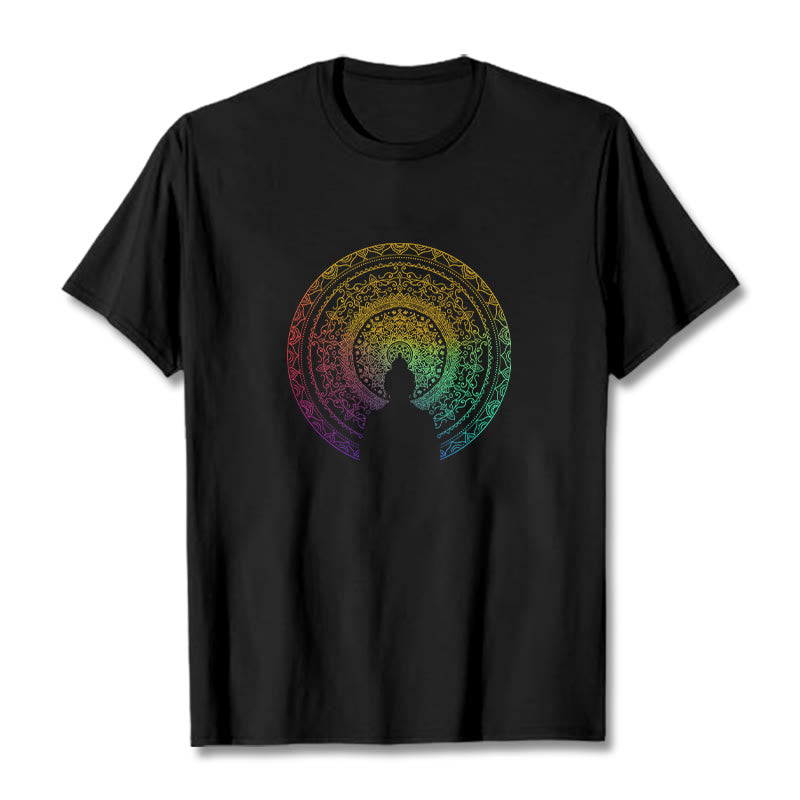 Camiseta de algodón con diseño de mandala con degradado colorido y Buddha Stones - Negro - 2XL - image 1