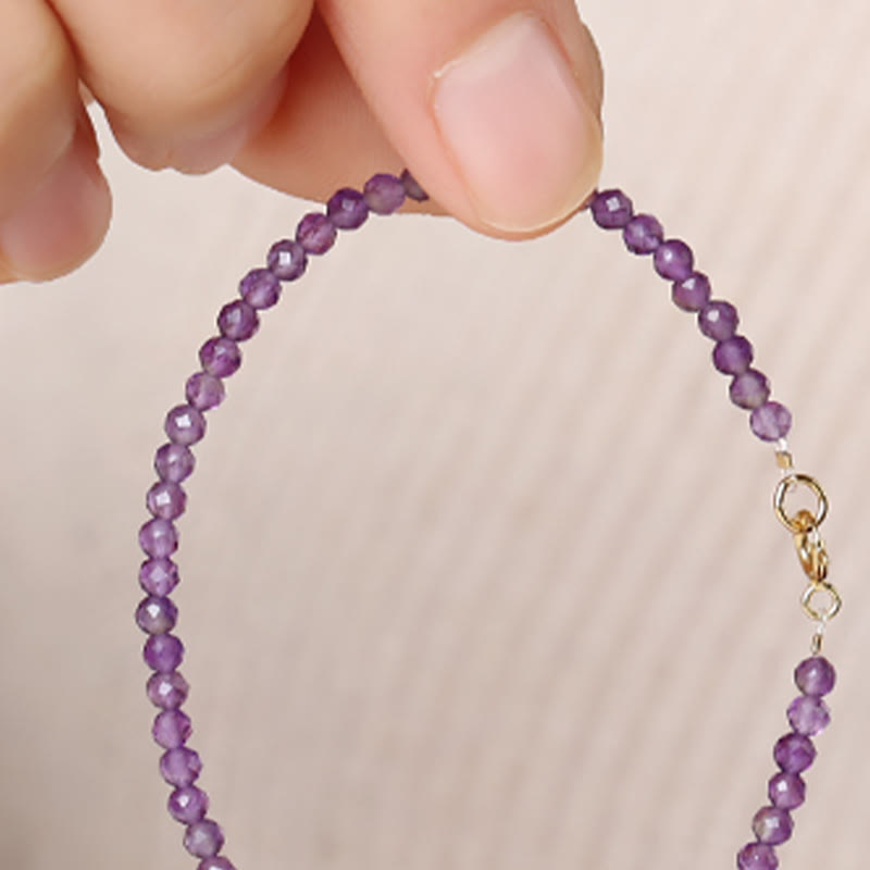 Pulsera de conciencia espiritual de cobre bañado en oro de 14 k con cuentas ultrafinas de amatista natural de 3 mm y Buddha Stones
