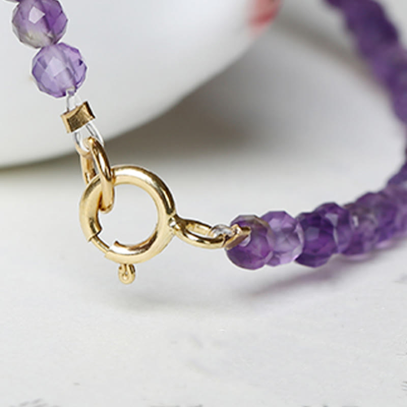 Pulsera de conciencia espiritual de cobre bañado en oro de 14 k con cuentas ultrafinas de amatista natural de 3 mm y Buddha Stones