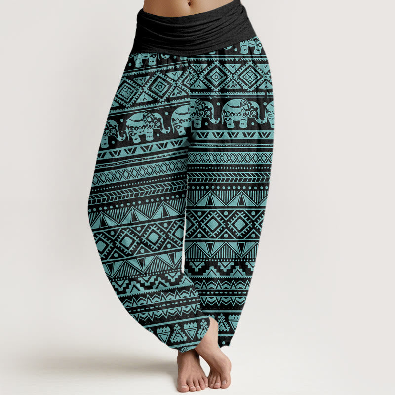 Pantalones harén con cintura elástica para mujer, con figuras geométricas de elefantes y Buddha Stones - Turquesa medio - US22,UK/AU26,EU54 (6XL) - image 8