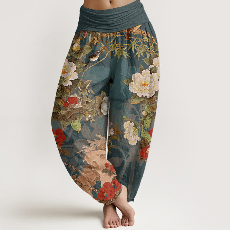Pantalones harén con cintura elástica para mujer, informales, con diseño de peonías, hojas y urraca, con Buddha Stones - Verde azulado - US22,UK/AU26,EU54 (6XL) - image 1