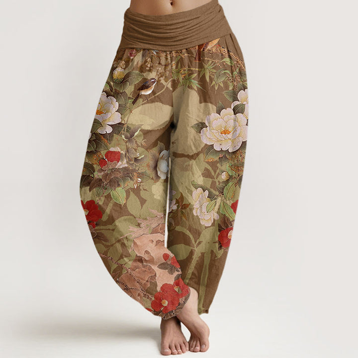 Pantalones harén con cintura elástica para mujer, informales, con diseño de peonías, hojas y urraca, con Buddha Stones - Vara de oro oscura - US22,UK/AU26,EU54 (6XL) - image 5