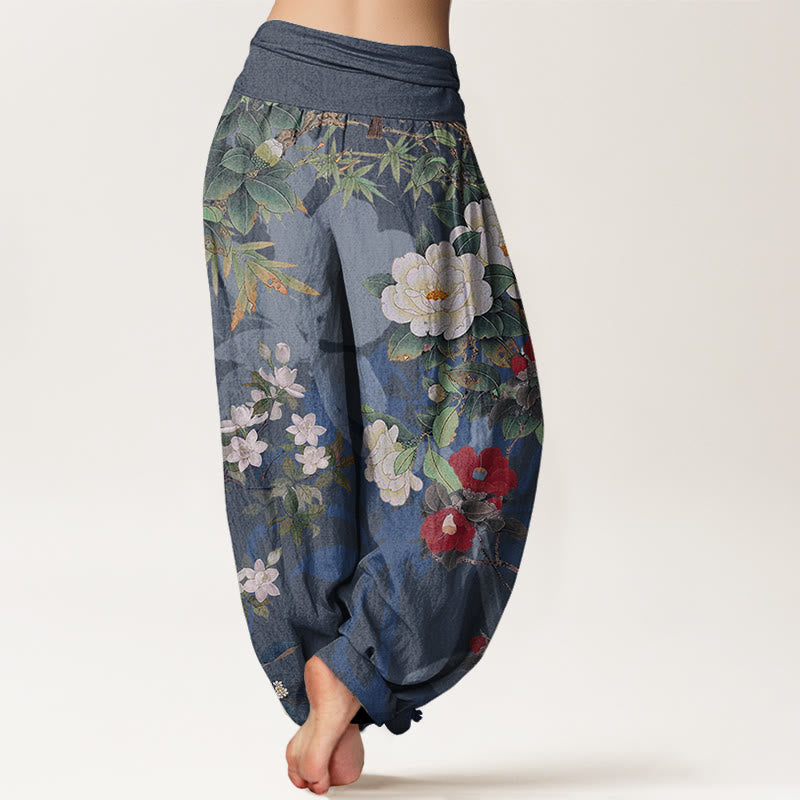 Pantalones harén con cintura elástica para mujer, informales, con diseño de peonías, hojas y urraca, con Buddha Stones - image 10
