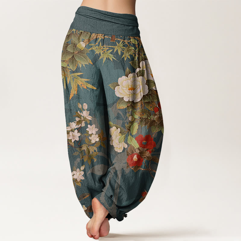Pantalones harén con cintura elástica para mujer, informales, con diseño de peonías, hojas y urraca, con Buddha Stones - image 3