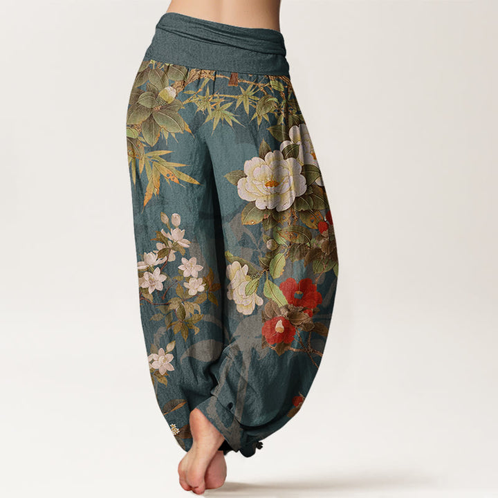 Pantalones harén con cintura elástica para mujer, informales, con diseño de peonías, hojas y urraca, con Buddha Stones - image 3