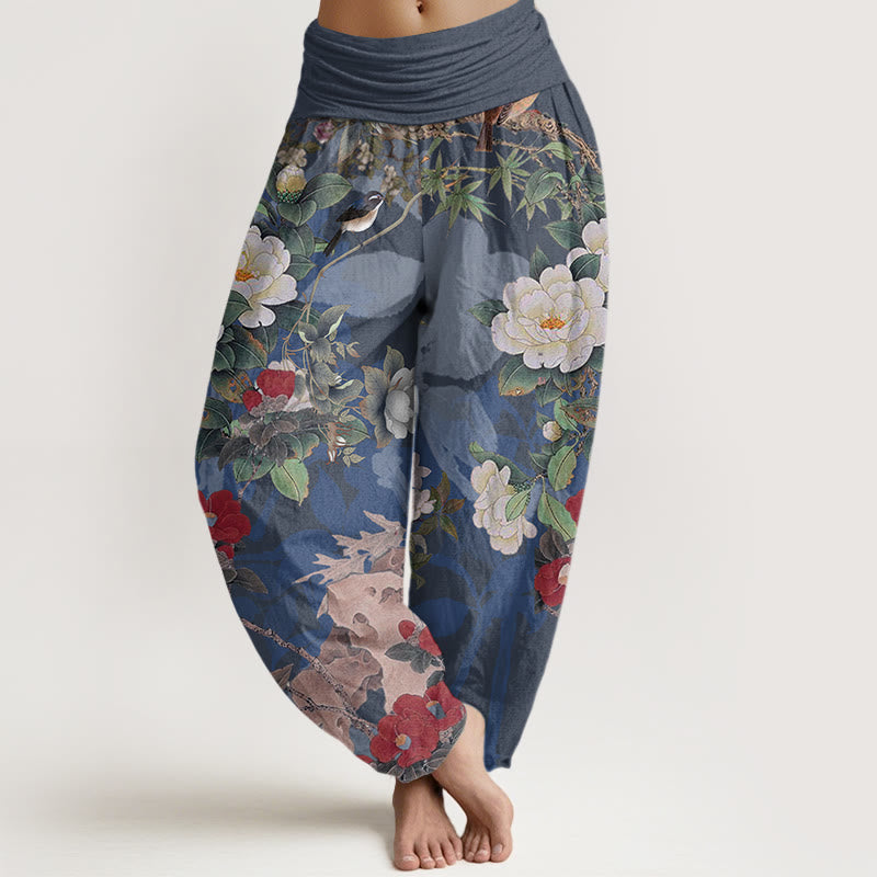 Pantalones harén con cintura elástica para mujer, informales, con diseño de peonías, hojas y urraca, con Buddha Stones - Azul acero - US22,UK/AU26,EU54 (6XL) - image 8