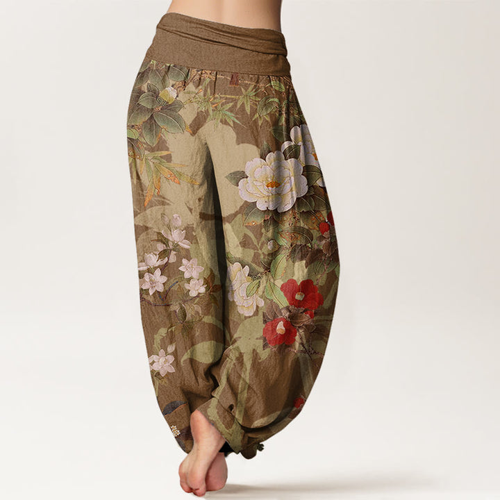 Pantalones harén con cintura elástica para mujer, informales, con diseño de peonías, hojas y urraca, con Buddha Stones - image 7