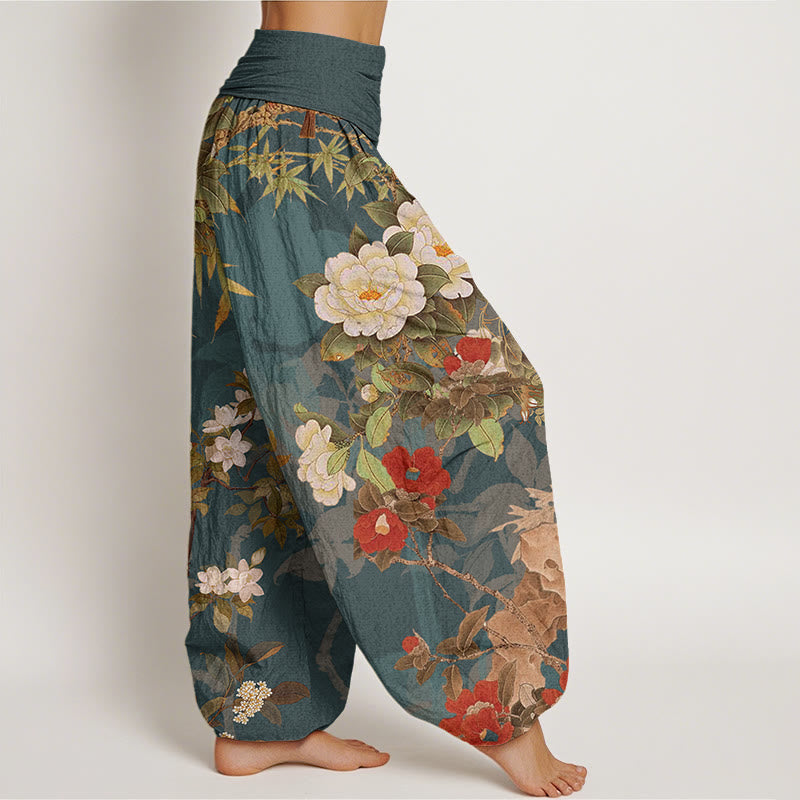 Pantalones harén con cintura elástica para mujer, informales, con diseño de peonías, hojas y urraca, con Buddha Stones - image 2