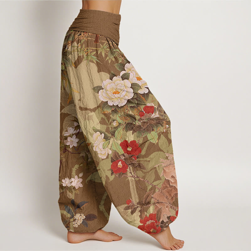 Pantalones harén con cintura elástica para mujer, informales, con diseño de peonías, hojas y urraca, con Buddha Stones - image 6