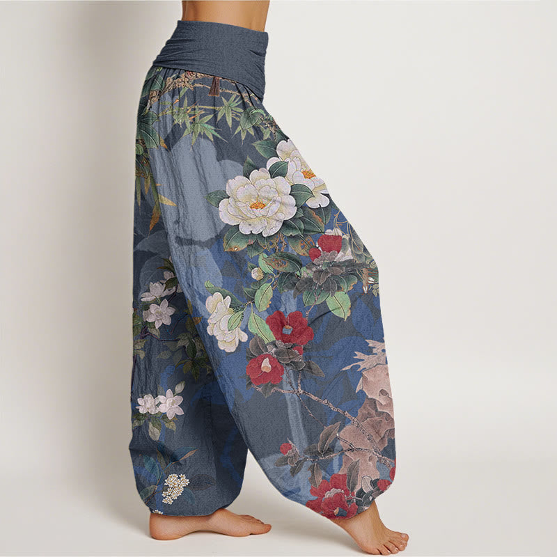 Pantalones harén con cintura elástica para mujer, informales, con diseño de peonías, hojas y urraca, con Buddha Stones - image 9
