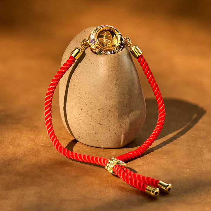 Pulsera trenzada con hilo rojo y Buddha Stones, color cobre y latón, molino de viento giratorio, Feng Sheng Shui, Qi Fu