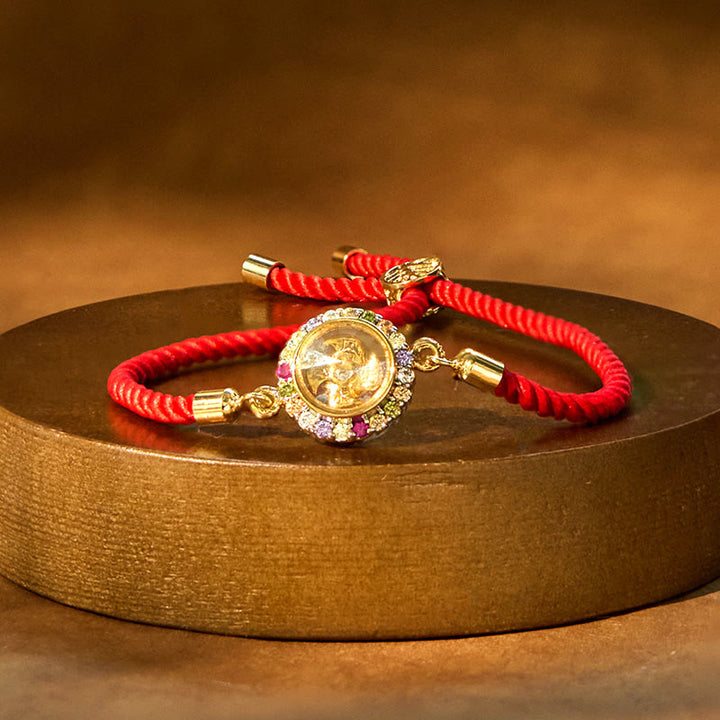 Pulsera trenzada con hilo rojo y Buddha Stones, color cobre y latón, molino de viento giratorio, Feng Sheng Shui, Qi Fu