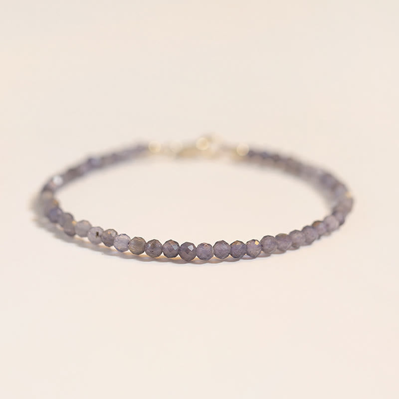 Pulsera de comunicación de cobre bañada en oro de 14 k con cuentas ultrafinas de iolita y amatista de 3 mm y Buddha Stones