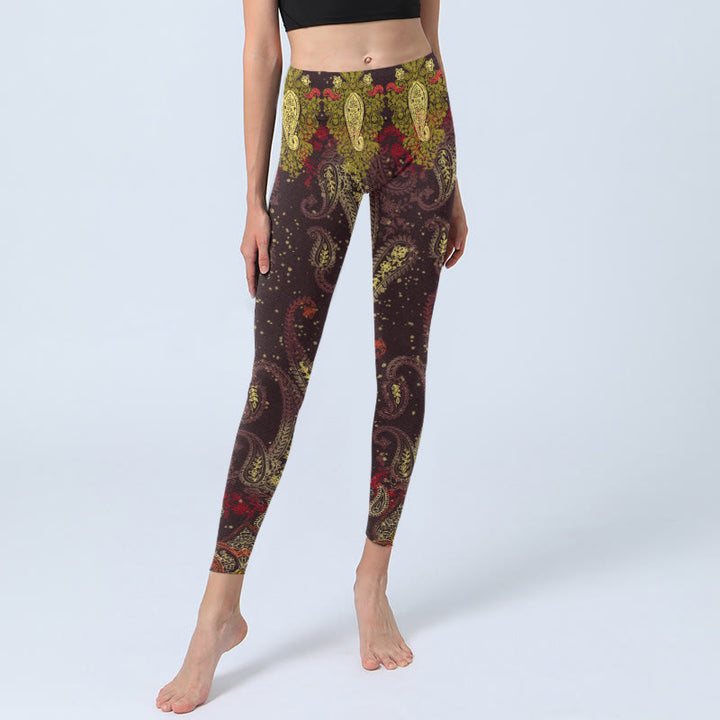 Leggings de yoga para mujer con estampado de flores de anacardo en color marrón rojizo y Buddha Stones - image 6