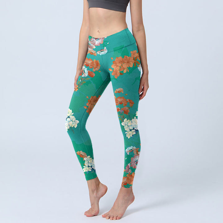 Leggings de yoga para mujer con estampado floral en color verde, naranja y beige y Buddha Stones - Turquesa - US18,UK/AU22,EU50 (4XL) - image 1
