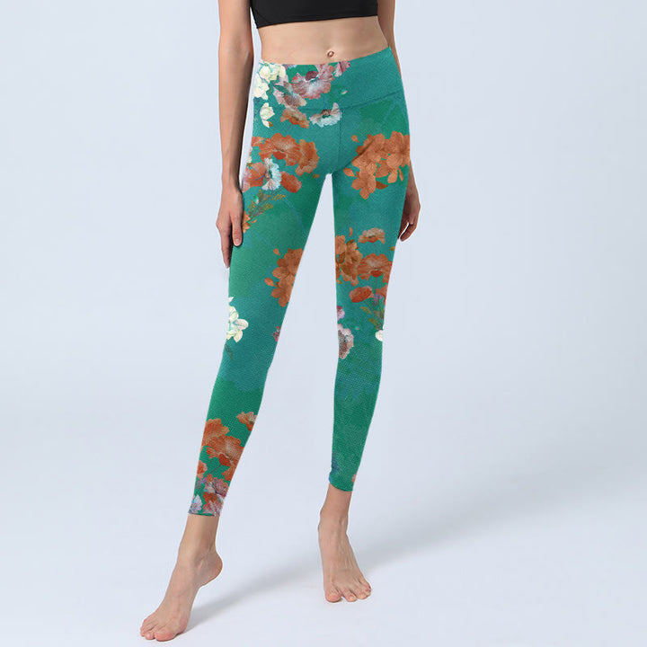 Leggings de yoga para mujer con estampado floral en color verde, naranja y beige y Buddha Stones - image 6