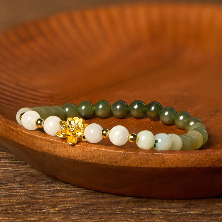 Pulsera de la abundancia con loto degradado de jade hetiano natural y Buddha Stones