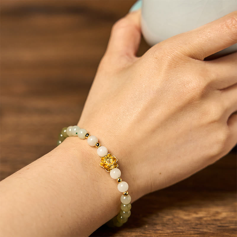 Pulsera de la abundancia con loto degradado de jade hetiano natural y Buddha Stones