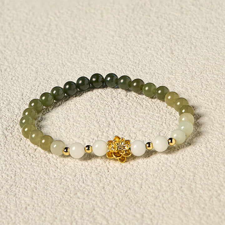 Pulsera de la abundancia con loto degradado de jade hetiano natural y Buddha Stones