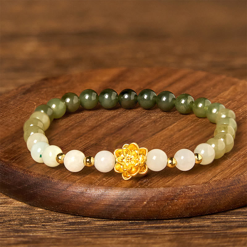 Pulsera de la abundancia con loto degradado de jade hetiano natural y Buddha Stones