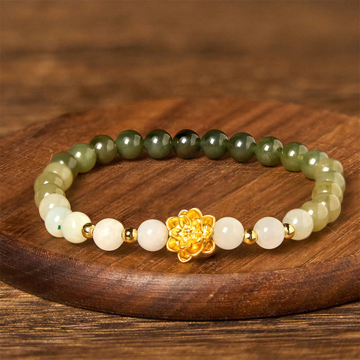 Pulsera de la abundancia con loto degradado de jade hetiano natural y Buddha Stones