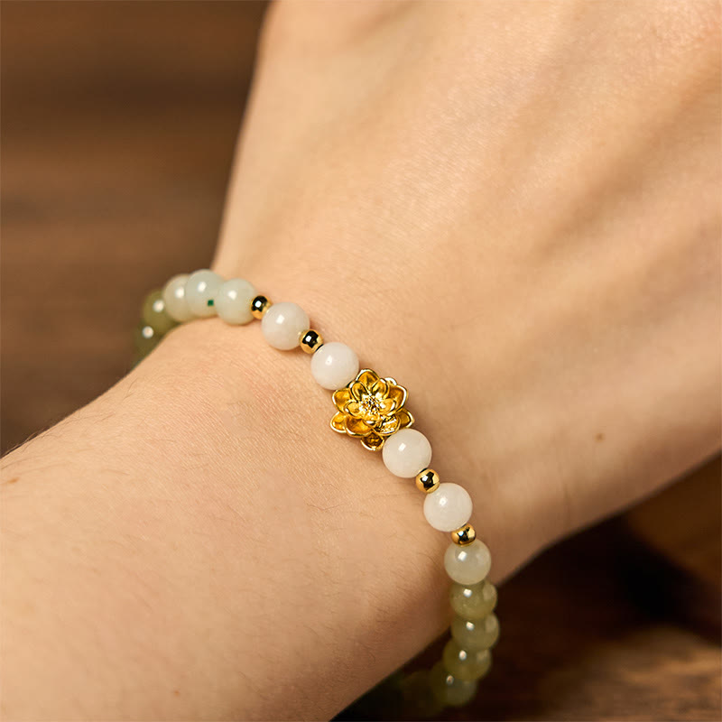 Pulsera de la abundancia con loto degradado de jade hetiano natural y Buddha Stones