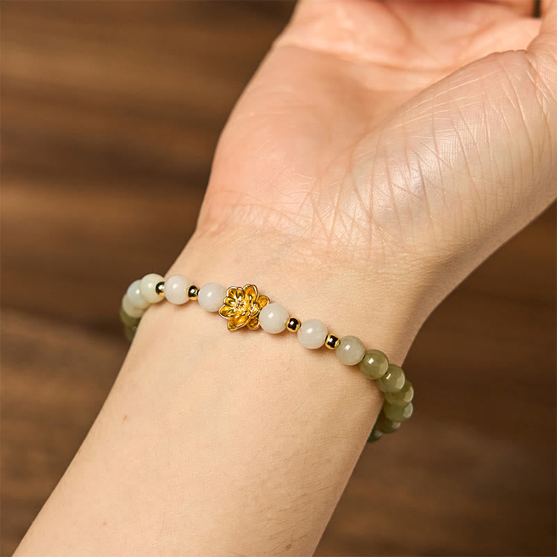 Pulsera de la abundancia con loto degradado de jade hetiano natural y Buddha Stones