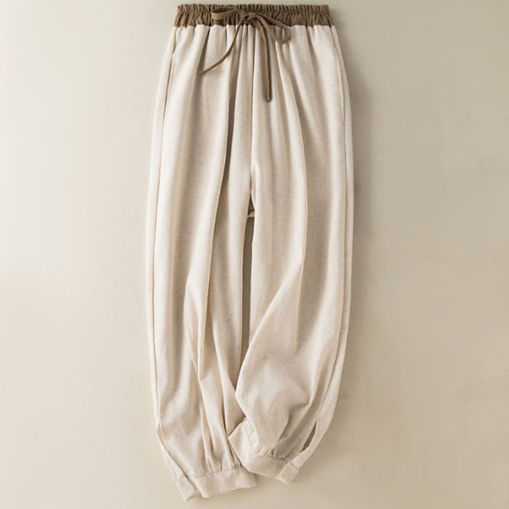 Pantalones harén de algodón liso con cordón y bolsillos para mujer con Buddha Stones - Beige - US16,UK/AU20,EU48 (3XL) - image 0