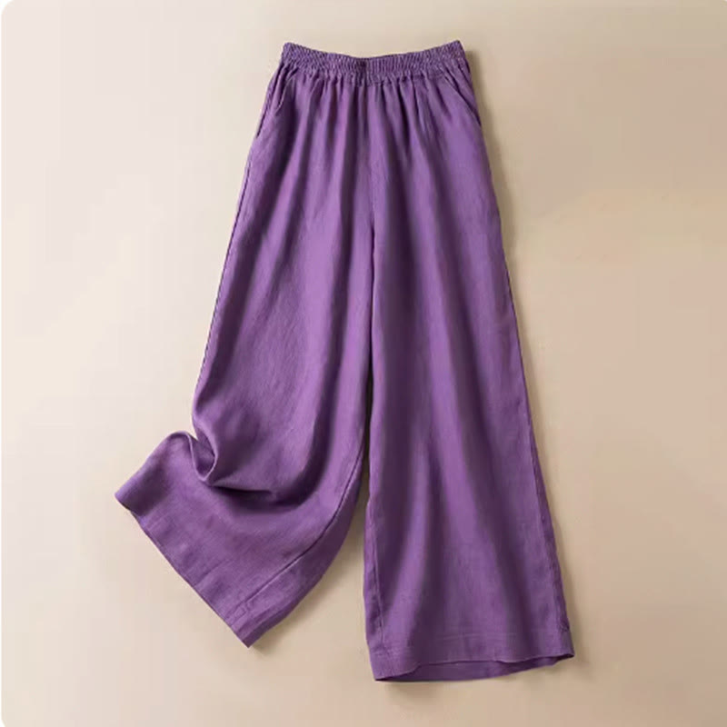Pantalones anchos de lino y algodón de color liso para mujer con bolsillos y Buddha Stones - Púrpura - US12, UK/AU16, EU44 (3XL) - image 10