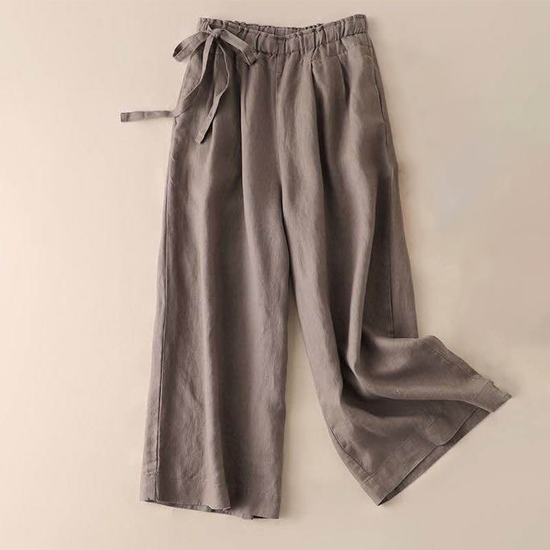 Pantalones anchos de lino y algodón con cordones de color liso para mujer con Buddha Stones - Vara de oro oscura - US12, UK/AU16, EU44 (3XL) - image 0