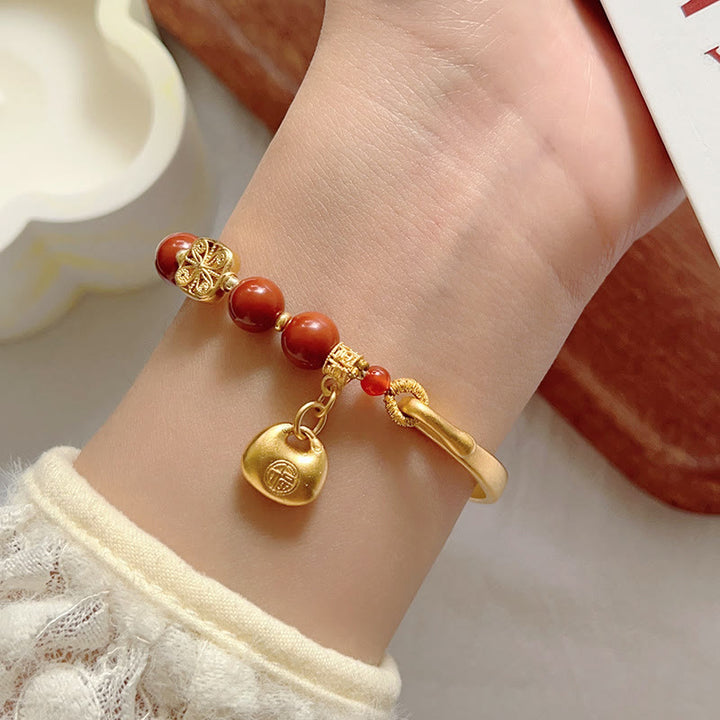 Pulsera de media piedra con Buddha Stones y ágata roja del sur con carácter Fu