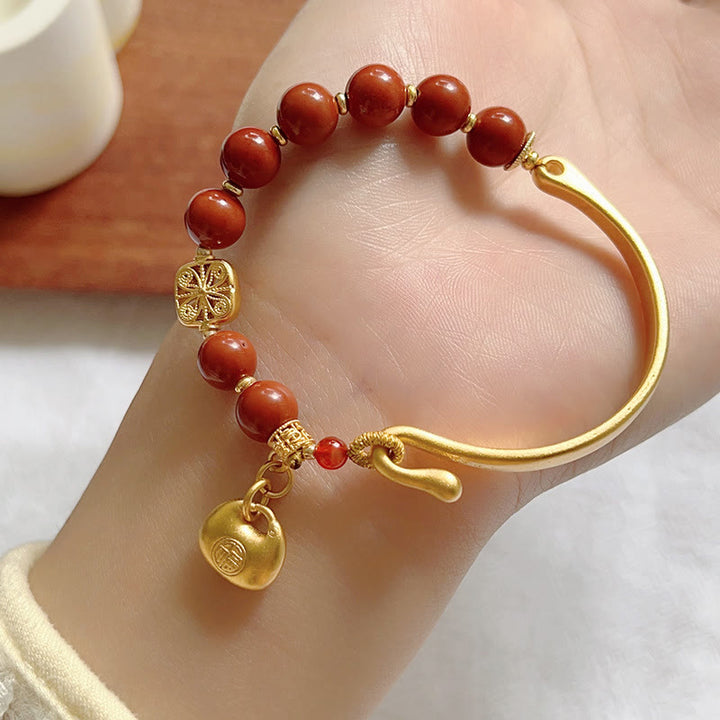 Pulsera de media piedra con Buddha Stones y ágata roja del sur con carácter Fu