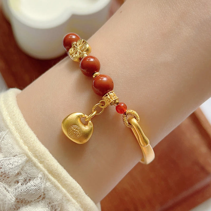 Pulsera de media piedra con Buddha Stones y ágata roja del sur con carácter Fu