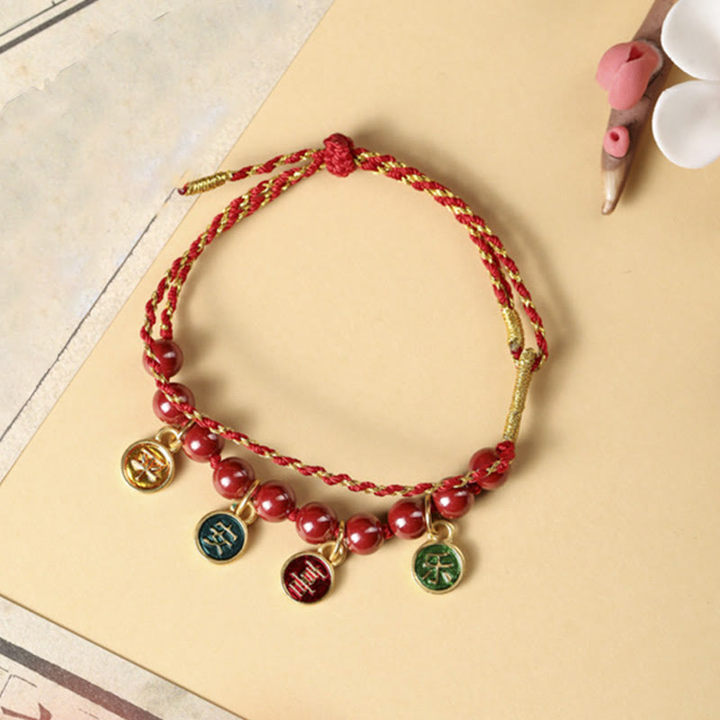 Pulsera trenzada ajustable con hilo rojo de bendición, paz y alegría, Buddha Stones y cinabrio