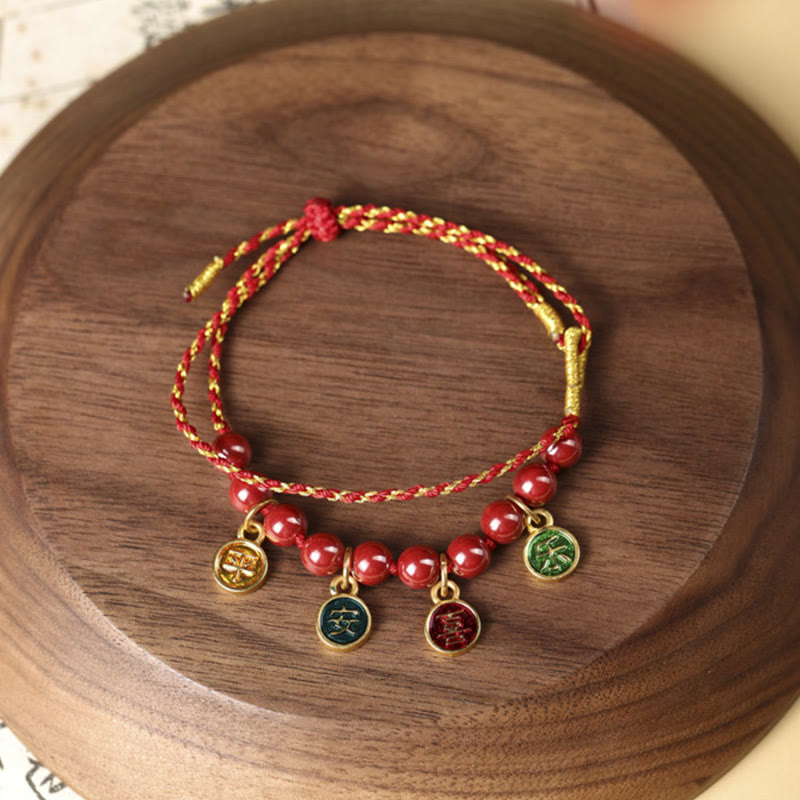 Pulsera trenzada ajustable con hilo rojo de bendición, paz y alegría, Buddha Stones y cinabrio