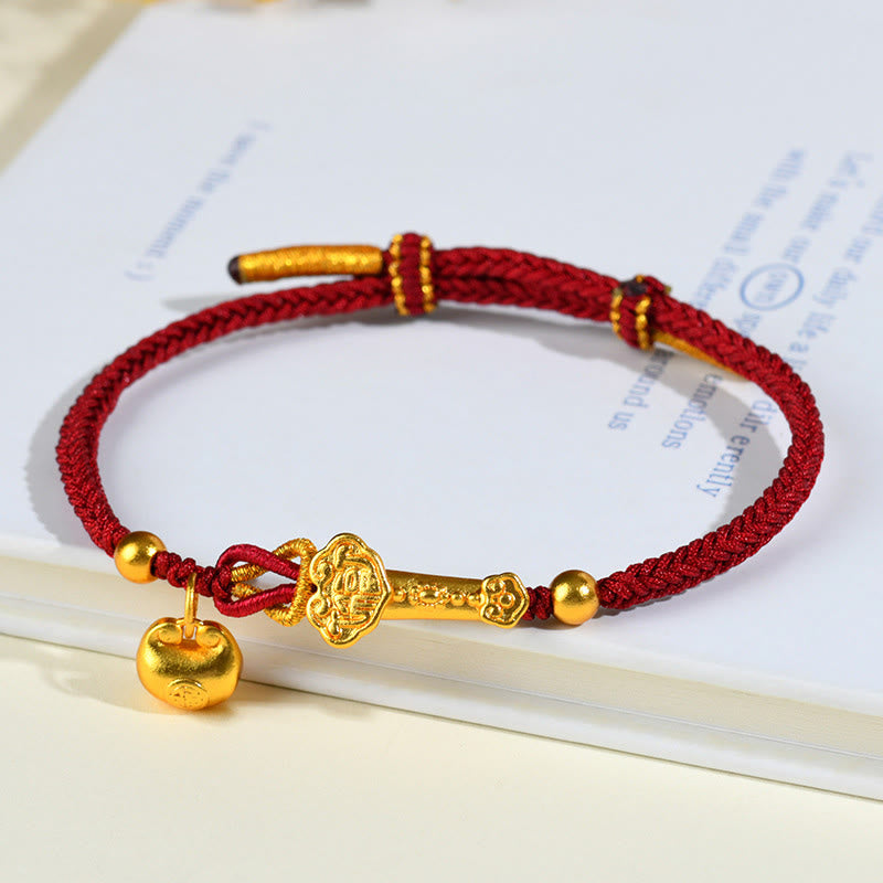 Pulsera trenzada de la suerte con lingote de Ruyi y palo de piedra de Buddha Stones con hilo rojo y carácter Fu