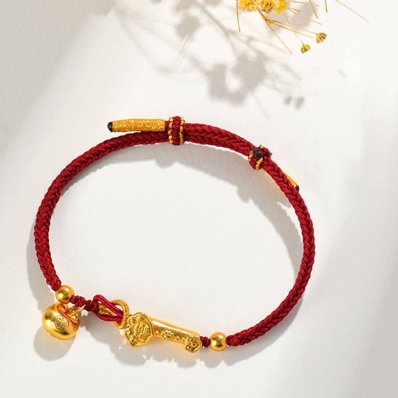 Pulsera trenzada de la suerte con lingote de Ruyi y palo de piedra de Buddha Stones con hilo rojo y carácter Fu